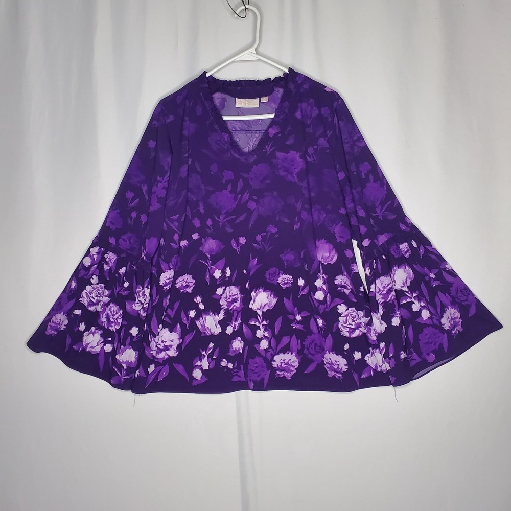 Belle Kim Gravel Top Women Large Purple Floral Ruffle Long Bell Sleeve V-Neck